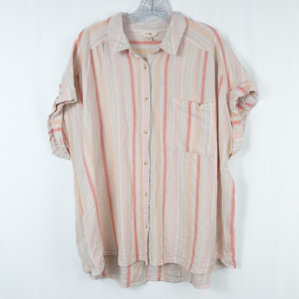 Linen Blend Striped Short Sleeve Button Up Shirt Womens 2X Beach Coastal‎ Preppy